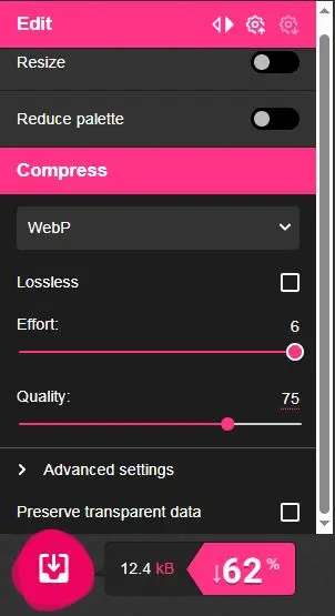 تنظیمات عکس در سایت squoosh